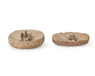 1417
Circa Paleozoic Era; Morocco
Two trilobite fossils
Each on a circular matrix, 2 pieces
Larger: 3.125" H x 8" W x 6.75" D; Smaller: 2" H x 6.875" W x 6.375" D
Estimate: $600 - $800