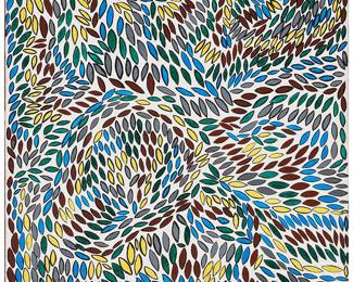 1261
Ju Ju Wilson
b. 1960
"Bush Medicine Leaves"
Acrylic on canvas
Signed, titled, and inscribed "WGB 115," all verso: Ju Ju Wilson
39.25" H x 39" W
Estimate: $400 - $600