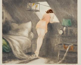 1235
Louis Icart
1888-1950
"Attic Room," 1940
Etching, drypoint, and aquatint in colors on paper
Signed and numbered in pencil in the blank below the image: "Louis Icart / 149"; with the artist's windmill blindstamp in lower left corner of the blank below the image; the artist's copyright and year printed in the blank above the image at upper left: "Copyright 1940 by L. Icart, Paris, New York"
Plate: 14.75" H x 17.25" W; Sight: 18.5" H x 20.75" W
Estimate: $500 - $700