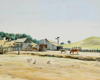 1031
Emil Kosa Jr.
1903-1968
Farmer with cows and chickens
Watercolor and graphite on paper
Unsigned
Sight: 13.75" H x 21" W
Estimate: $600 - $800