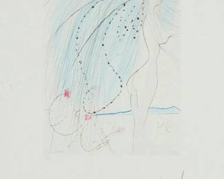1234
Salvador Dali
1904-1989
"Diane de Poitiers," 1973
Etching in colors on Japan paper
Edition: V/C
Signed and inscribed in pencil in the lower margin: Dali / "V/C"
Plate: 12.5" H x 9.5" W; Sight: 20.5" H x 15.5" W
Estimate: $600 - $800
