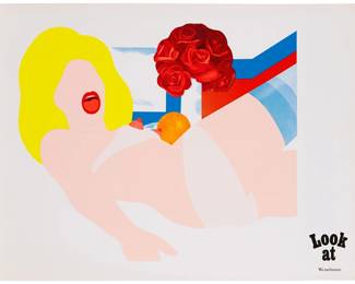 1281
After Tom Wesselmann
1931-2004
"Look at Wesselmann" exhibition poster, 1968
Screenprint in colors on glossy poster paper
From the edition of unknown size, aside from the pencil-signed edition
Unsigned; Galerie Thomas, München, Germany, pub.
Image: 23" H x 27.5" W; Sheet: 26.5" H x 36" W
Estimate: $100 - $200