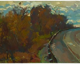 1091
Sergei Bongart
1918-1985
Autumn trees by the road
Oil on canvas
Unsigned
36" H x 48" W
Estimate: $600 - $800