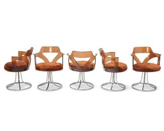 1465
Mid-20th century
Five Stoneville Furniture Co. space age swivel chairs
Each with Stoneville Furniture Co. tag to underside
Each with openwork Plexiglas back and arms above high pile brown upholstered seat raised on a chromed metal modified tulip base, 5 pieces
Each: 30.5" H x 23.5" Dia.
Estimate: $600 - $800