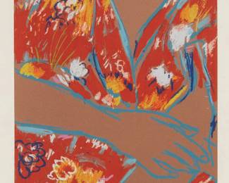 1203
George Segal
1924-2000
"Woman in Red Kimono," 1985
Lithograph in colors on wove paper
Edition: 104/120
Signed, dated, and numbered in pencil in the lower margin: G. Segal
Image: 18" H x 12" W; Sheet: 27" H x 19" W
Estimate: $300 - $500