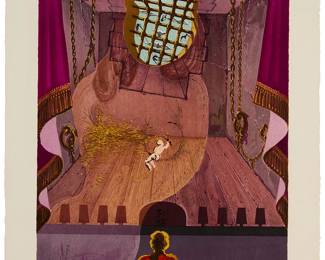 1199
Salvador Dali
1904-1989
"Darnis and Durval," from the "Marquis de Sade" portfolio, 1969
Lithograph in colors on wove paper
Edition: 37/160
Signed and numbered in pencil in the lower margin: Dali; Mourlot, Paris, France and Wolfensberger, Zurich, prntrs.; Shorewood Publishers, Inc., New York, NY, pub.
Image: 20" H x 15.5" W; Sheet: 25.5" H x 19.5" W
Estimate: $500 - $700