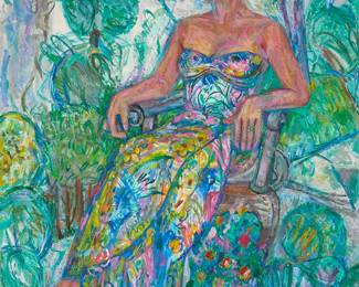 1142
Viktoras Vizgirda
1904-1993
"Marija Kazlaukas," 1988
Acrylic on canvas
Signed and dated upper left: V. Vizgirda; signed and dated again, titled, and inscribed, all verso: "KAT. NR. 461"
56" H x 44" W
Estimate: $800 - $1,200