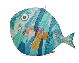 1447
Enrico Paolucci
1901-1999
Fish sculpture, 2004
Painted paper pulp on metal stand
Signed recto: E. Paolucci; additionally signed, illegibly titled, and dated verso: Enrico Paolucci / Pienza
Fish: 16.25" H x 22.5" W x 3.75" D; Stand: 16" H x 4.75" W x 4.75" D
Estimate: $400 - $600