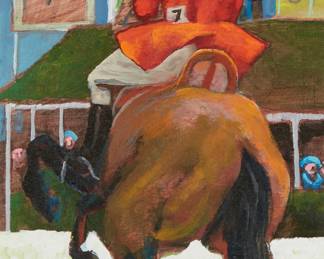 1250
Frank N. Ashley
1920-2007
"Stadium Jumping"
Oil on Masonite
Signed lower right: FN Ashley; signed again, titled, and inscribed, verso: "Ballsbridge Arena / Dublin, Ireland"
28" H x 15" W
Estimate: $300 - $500