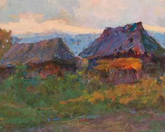 1191
Anatoly Petrovich Krisochenko
1916-1998
Ukrainian country cottages
Oil on board
Signed lower right: A. P. Krisochenko
12" H x 25.5" W
Estimate: $300 - $500