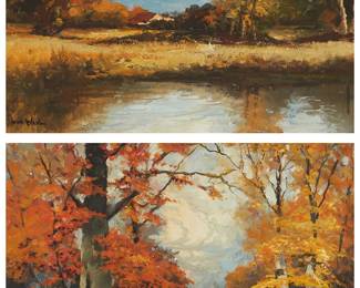 1005
Robert Wood (1919-1980)
Two works:

"Autumn Gold"
Oil on canvas
Signed lower left: Robert Wood; titled and with the artist's copyright ink stamp, verso
12" H x 16" W

"Autumn in the Catskills N.Y."
Oil on canvas
Signed lower right: Robert Wood; titled and with the artist's copyright ink stamp, verso
12" H x 16" W
Estimate: $1,000 - $1,500