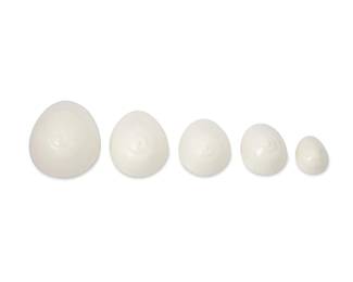 1306
Delia Prvacki
b. 1950
Breasts
Porcelain
Each marked: Design: DeliaCelina / produced by Luzerne / New Bone
5 pieces
Largest: 3.125" H x 5.25" W x 6.5" D; Smallest: 1.375" H x 2.5" W x 3.25" D
Estimate: $300 - $500