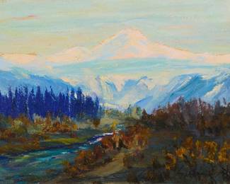 1023
Jeanne Laurence
1865-1940
Alaskan landscape
Oil on canvas laid to board
Signed lower right: Jeanne Laurence; inscribed in ink on a piece of paper affixed to the frame's backing board: "Merry Christmas, Happy New Year / Mr. & Mrs. Sydney Laurence"
7" H x 8" W
Estimate: $400 - $600