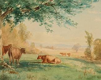 1248
Junius R. Sloan
1827-1900
Cows in a landscape
Watercolor on paper mounted to board
Faintly signed in the lower edge, right of center: J. Sloan
10" H x 20" W
Estimate: $300 - $500