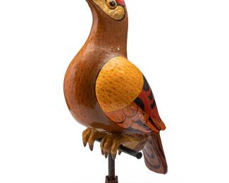 1431
Sergio Bustamante
b. 1949, Mexican
Bird sculpture
Painted and gilt papier-mâché on metal stand
Edition: 42/100
Signed and numbered to one side: Sergio Bustamante
Bird: 25.5" H x 14.75" W x 8" D; Stand: 12.75" H x 10.625" W x 7.875" D
Estimate: $300 - $500