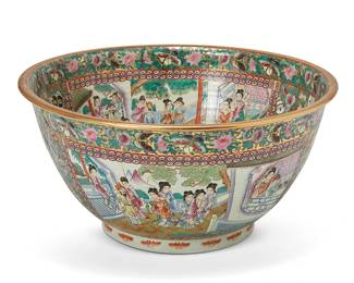 1372
Late 20th century
A large Chinese Famille Rose porcelain bowl
Marked in red underglaze bearing an apocryphal reign mark for Qianlong Period (1736-1795)
The bowl depicting painted courtly scenes in friezes within an elaborate border of butterfly and floral motifs, all on a gilt ground
10.125" H x 21.25" Dia.
Estimate: $300 - $500