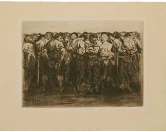 1233
Kathe Kollwitz
1867-1945
"The Prisoners," plate 7 from the "Peasants War" series, 1908
Etching and drypoint on wove paper
From the edition of unknown size; printed later, circa 1931
Unsigned; with the A.v.d. Becke Muenchen-22 blindstamp in the lower right corner of the platemark; Alexander von der Becke, Berlin, Germany, pub.
Plate: 12.875" H x 16.75" W; Sheet: 18.875" H x 23.625" W
Estimate: $700 - $900