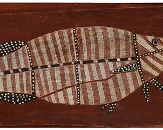 1268
Jimmy Birriyula
20th century
Barramundi fish
Pigment on bark
Signed and extensively inscribed, verso: "Jimmy Birriyula / Maraian Ceremony / Liverpool River Area / Arnhem Land / Barramundi-Gunwinggu Tribe / Dua-moiety"
18" H x 37" W (approx.)
Estimate: $200 - $300
