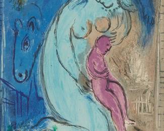 1210
After Marc Chagall
1887-1985
"Quai aux Fleurs"
Lithograph in colors on smooth wove paper laid to board
From the edition of unknown size and date
Unsigned
Image: 13.75" H x 10.625" W; Sheet: 15" H x 11" W
Estimate: $200 - $300