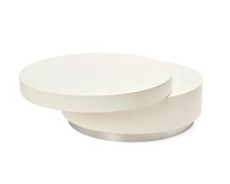 1467
Mid/late 20th century
A Modern circular swivel coffee table
Unmarked
The white lacquered wood coffee table comprising two concentric stacked levels, the upper level articulated with swivel action, all raised on a base with brushed metal veneer
Stored: 17" H x 40" Dia.
Estimate: $200 - $300