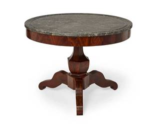 1482
Late 19th century
A Louis Philippe walnut pedestal table
The walnut veneered circular table with attenuated hexagonal standard above a tripod base, surmounted by a marble top, 2 pieces
Overall" 29" H x 39" Dia.
Estimate: $400 - $600