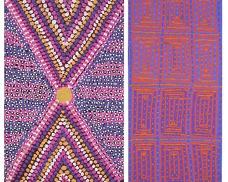 1253
Contemporary Aboriginal works
Two works:

June Bird Ngale (b. 1955)
"Body Paint"
Acrylic on canvas
Signed verso: June Bird; titled on a label affixed to the stretcher; inscribed verso: "WGA 117"
35" H x 22" W (or reverse)

Kurt Jangala (b. 1962)
"Tingari"
Acrylic on linen
Signed verso: Kurt Jangala; titled on a label affixed to the stretcher; inscribed verso: "WGB 102"
37" H x 17" W (or reverse)
Estimate: $600 - $900