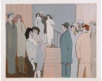 1222
David Schneuer
1905-1987
"On the Stairs"
Screenprint in colors on Arches paper
Edition: 50/300 (there were also 25 artist's proofs)
Signed and numbered in pencil in the lower margin: Schneuer
Image: 26" H x 31.5" W; Sheet: 29.25" H x 34.75" W
Estimate: $500 - $700