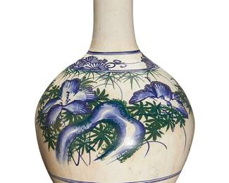 1411
Possibly 20th century
A Korean blue and white porcelain vase
Appears unmarked
The bottle-form vessel, decorated in a blue and green underglaze with "hwahwe yòngmohwa" motifs of bamboo, flowers, water, and birds on a white glazed ground
20.5" H x 9.5" Dia.
Estimate: $200 - $300