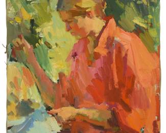 1072
Sergei Bongart
1918-1985
Woman sewing
Oil on canvas
Signed upper right: Sergei Bongart; indistinct inscriptions in Cyrillic on the stretcher bars
30" H x 24" W
Estimate: $600 - $800