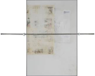 1305
Dan Shaw-Town
b. 1983
"Untitled," 2013
Steel bar and fittings, spray enamel, screenprinting ink, newspaper ink and graphite on Econolite with steel frame
Signed, titled, and dated in ink, all verso: Dan Shaw-Town / 2013
72.5" H x 120" W
Estimate: $400 - $600