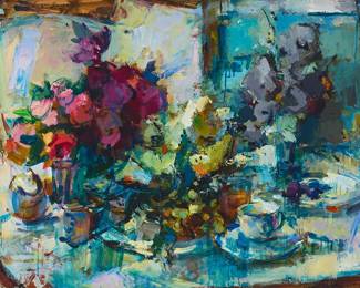 1113
Sergei Bongart
1918-1985
Dinner setting still life
Oil on board
Signed upper left: Sergei Bongart
36" H x 48" W
Estimate: $1,000 - $1,500