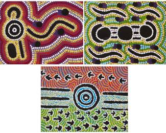 1265
Contemporary Aboriginal works
Three works:

Patricia Spencer Nungurrayi (b. circa 1936)
"Wadapi (Goanna) Dreaming"
Acrylic on canvasboard
Signed and titled in pencil, verso: Patricia Spencer Nungurrayi; inscribed in ink, verso: "WGC Y 10"; titled again on two labels affixed to the frame's backing board
9" H x 12" W

Dion Brown Jampijima (1935-2013)
"Yankirri Jukurrpa (Emu Dreaming)," 2005
Acrylic on canvasboard
Singed, titled, dated, and inscribed in ink, all verso: Dion Brown Jampijima / 6-11-05 / "WGC Y 12"; titled again on three labels affixed to the frame's backing board
9" H x 12" W

Patricia Spencer Nungurrayi (b. circa 1936)
"Wadapi (Goanna)"
Acrylic on canvasboard
Signed and titled in pencil, verso: Patricia Spencer Nungurrayi; inscribed in ink, verso: "WGC Y 13"; titled again on two labels affixed to the frame's backing board
9" H x 12" W
Estimate: $400 - $600