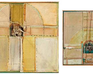 1303
John W. Ford (b. 1960)
Two works:

"Reverse Arc," 1989
Collage and found objects assemblage sculpture
Signed, titled, and dated in pencil verso: John W Ford
14.25" H x 16.75" W x 2.75" D

"Plaine Focal," 1989
Collage and found objects assemblage sculpture
Signed, titled, and dated in pencil verso: John W Ford
12.25" H x 12.25" W x 2.5" D
Estimate: $800 - $1,200