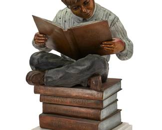 1443
Howard Jason
b. 1968
"Innocence Lost," 1998
Patinated and cold-painted bronze on a marble plinth
Edition: 4/50
With incised signature, date, title, and edition: © Howard Jason
Bronze: 21" H x 14.5" W x 12.5" D; Overall: 23.5" H
Estimate: $1,000 - $1,500