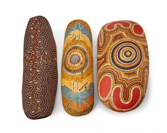 1424
20th century
Three Aboriginal polychrome wood boards
The dot-painted curved wood boards in various motifs including two depicting central medallions and another depicting an arboreal motif, 3 pieces
Longest: 22.5" H x 7.5" W x 3.5" D; Shortest: 20" H x 9.5" W x 7.5" D
Estimate: $600 - $800