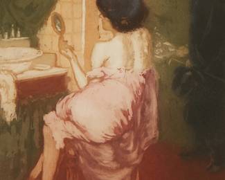 1153
Manuel Robbe
1872-1936
"Visite Matinale," 1901
Aquatint in colors on paper
Edition: 44/60
Signed in black china crayon in the image, lower right: Manuel Robbe; numbered in pencil in the lower margin, at left; Sagot, Paris, pub., and with their blindstamp in the lower margin, at right
Plate: 16" H x 12.5" W; Sight: 17" H x 13.25" W
Estimate: $300 - $500