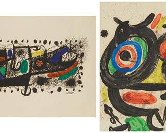 1207
Attributed to Joan Miro (1893-1983)
Two works:

"Joan Miro und Katalonien," 1970
Lithograph in colors on wove paper
Presumably from the edition of 8750
With the printed signature in the stone at lower right; bears numbering "34/100" in pencil in the lower margin, at left
Image: 11.5" H x 21.5" W approx.
Sight: 16.25" H x 22.25" W

"Poster for the exhibition 'Sculptures,' Galerie Maeght," 1970
Lithograph in colors on wove paper
From the edition of unknown size
With the printed signature in the stone at lower right
Image/Sight: 25" H x 20" W
Estimate: $300 - $500