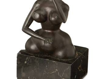 1457
Rudolf Hausner
1914-1995
"Anima," modeled 1977
Patinated bronze on a marble plinth
Edition: 372/1111
Signed to neck in the casting: R. Hausner; numbered and inscribed at base: EDITION BRUSBERG
Bronze: 5.75" H x 4.25" W x 3.75" D; Overall: 8" H x 4.75" W x 4.25" D
Estimate: $200 - $400