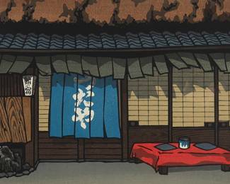 1242
Katsuyuki Nishijima
b. 1945
"The Restaurant," circa 1990
Woodcut in colors on paper
Edition: 61/500
Signed, titled, and numbered in pencil, and with the artist's chopmark, all in the lower margin: K. Nishijima
Image: 11.375" H x 16.125" W; Sheet: 13.75" H x 18.375" W
Estimate: $100 - $200