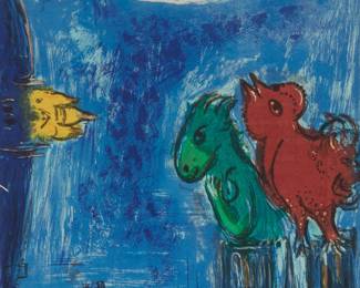 1201
Marc Chagall
1887-1985
"Les Monstres of Notre Dame," one plate from "Derriere le Miroir," 1954
Lithograph in colors on paper
Edition: from the edition of 2500
Unsigned; Maeght, Paris, pub.
Sight: 13.5" H x 10.25" W
Estimate: $300 - $500