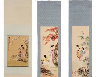 1391
Three 20th Century Asian hanging scrolls
Three works:

Two women under an autumn tree; Two women near a bamboo grove; Two women under a blossoming spring tree
Each: Ink and watercolor on silk with a brocade fabric border, backed with rice paper and with wooden dowels, as issued
Each: Signed with a red chop mark in the image at lower left; the third also with a lengthy inscription along the left edge
Image of first and second: 31" H x 10.5" W; Image of third: 19.75" H x 13.5" W
Estimate: $200 - $400