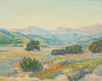 1017
Walter Barron Currier
1879-1934
"Wild Flowers of Ojai," 1931
Oil on canvas
Signed and dated lower right: Walter Barron Currier / 1931; titled in ink on a label affixed to the stretcher
20.25" H x 30" W
Estimate: $1,000 - $1,500