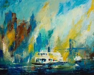 1051
Jack Laycox
1921-1984
"Morning Ferry"
Oil on canvas
Signed lower right: Jack Laycox; signed again, titled, and numbered "71066" in ink, all verso
30" H x 40" H
Estimate: $1,000 - $1,500