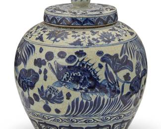 1373
20th century
A Chinese blue and white porcelain ginger jar
Unmarked
The lidded jar with blue glaze carp and aquatic motifs centering banded floral and foliate motifs to shoulder and lid
Overall: 11.5" H x 10.25" Dia.
Estimate: $200 - $400