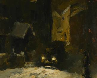 1098
Sergei Bongart
1918-1985
Wartime nocturnal street scene
Oil on Masonite
Signed lower right: Sergei Bongart
31.5" H x 23.5" W
Estimate: $500 - $700