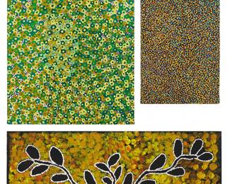 1251
Contemporary Aboriginal works
Three works:

Anne Dixon (1965-2019)
"Wild Flowers"
Acrylic on canvas
Signed verso: Anne Dixon; titled on a label affixed to the stretcher; inscribed verso: "IKO6 A0197"
35" H x 21" W

May Mbitjana (b. 1957)
"First Rains"
Acrylic on canvas
Unsigned; titled on a label affixed to the stretcher; inscribed verso: "WGA 103"
26" H x 13" W

Marilyn Nakamarra (b. 1958)
Untitled
Acrylic on canvas
Signed and inscribed verso: Marilyn Nakamarra / "Yuendumu NT Aust." / "PC 170 0803"
22.75" H x 36.5" W
Estimate: $700 - $900