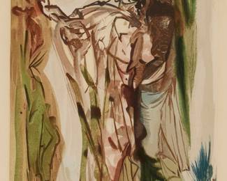 1243
Salvador Dali
1904-1989
"The Proud Ones," Purgatory Canto 11 from "The Divine Comedy"
Woodcut in colors on paper
From the edition of unknown size
Signed in the block, in the lower portion of the image: Dali
Image: 10" H x 7" W; Sight: 13" H x 9.75" W
Estimate: $300 - $500