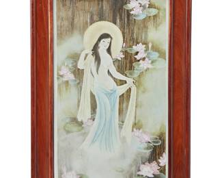 1385
Mid-20th century
A Chinese polychrome porcelain plaque of Guanyin
Marked with Chinese characters in red at bottom right
The painted porcelain plaque depicting Guanyin emerging from her bath, within a group of lotus flowers, set in a wood frame
Sight: 30" H x 17.25" W
Estimate: $200 - $400