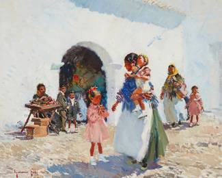 1120
Ignacio Gil y Sala
1913-2003
Spanish family in a courtyard
Oil on canvas
Signed lower left: Ignacio Gil
23.75" H x 28.5" W
Estimate: $400 - $600