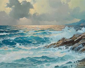 1045
Alexander Dzigurski
1911-1995
Sunlight reflecting on crashing waves
Oil on canvas
Signed lower right: A. Dzigurski; with the artist's black ink copyright stamp, verso
24" H x 36" W
Estimate: $600 - $800